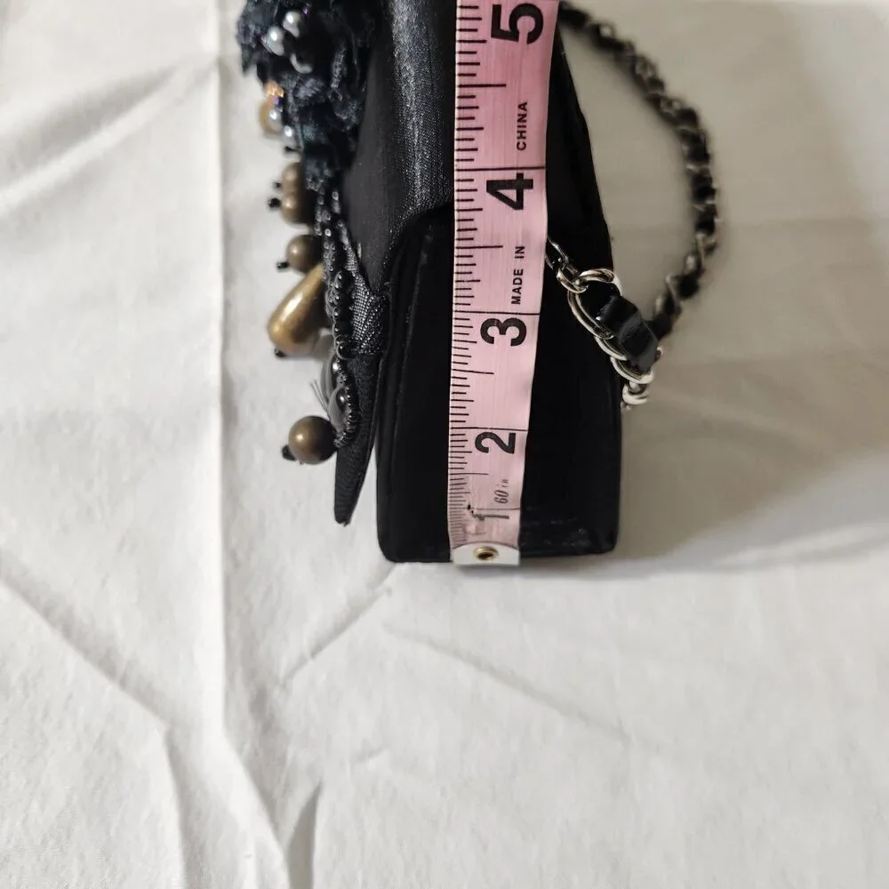 Women Vintage Small Black Satin Beaded Evening Shoulder Clutch Bag Formal Party